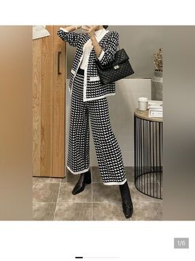 Black & White Houndstooth Wide-Leg Pants Suit